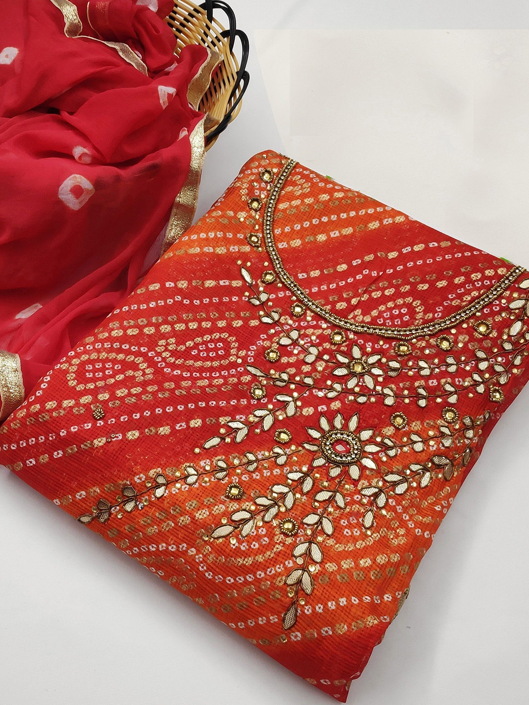 

Ishin Bandhani Printed Beads and Stones Unstitched Dress Material, Red