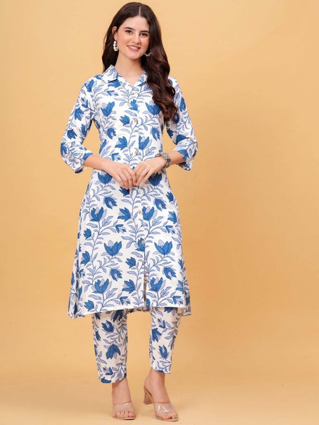 

Black Teetar Floral Printed Pure Cotton Tunic With Trousers, Blue