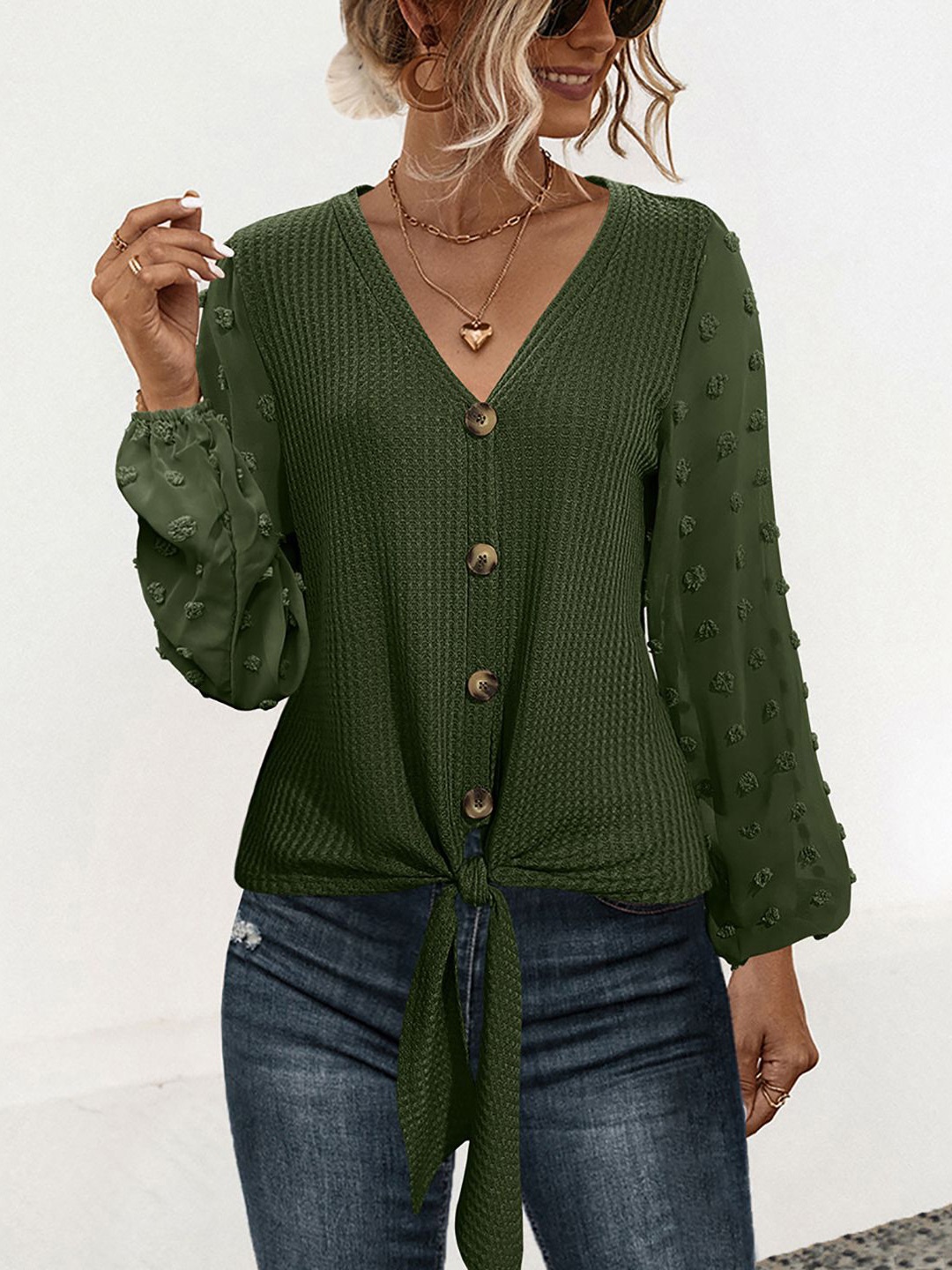 

StyleCast x Revolte Women Solid V-Neck Top, Green