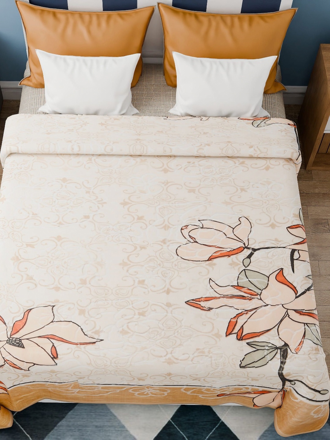 

Nivasam swiss gold Beige & Red Floral Fur Heavy Winter Double Bed Blanket