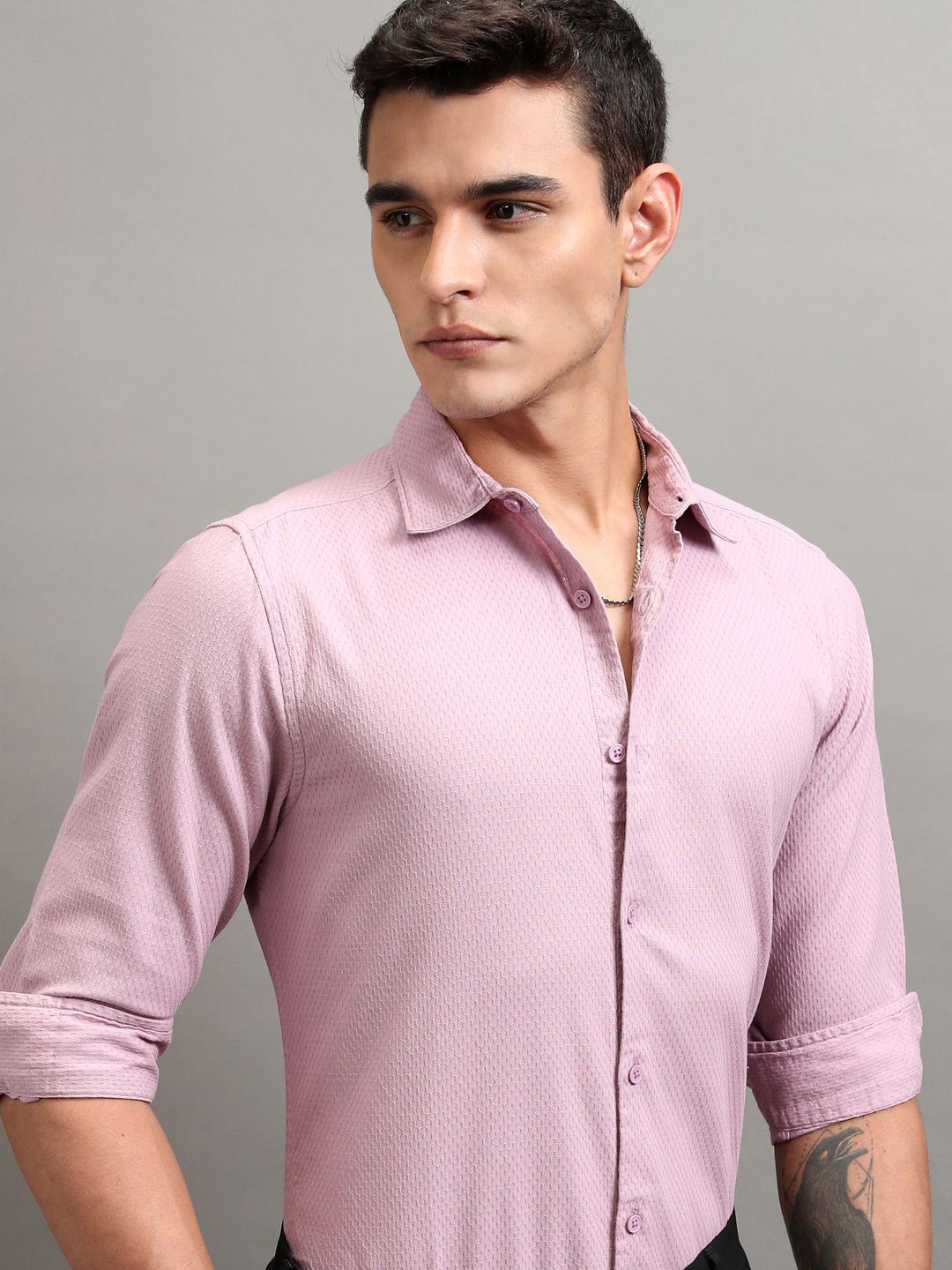 

Highlander Men Lino Dobby Textured Solid Casual Shirt, Pink