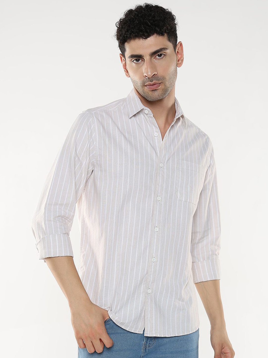 

R&B Men Opaque Striped Casual Shirt, Beige