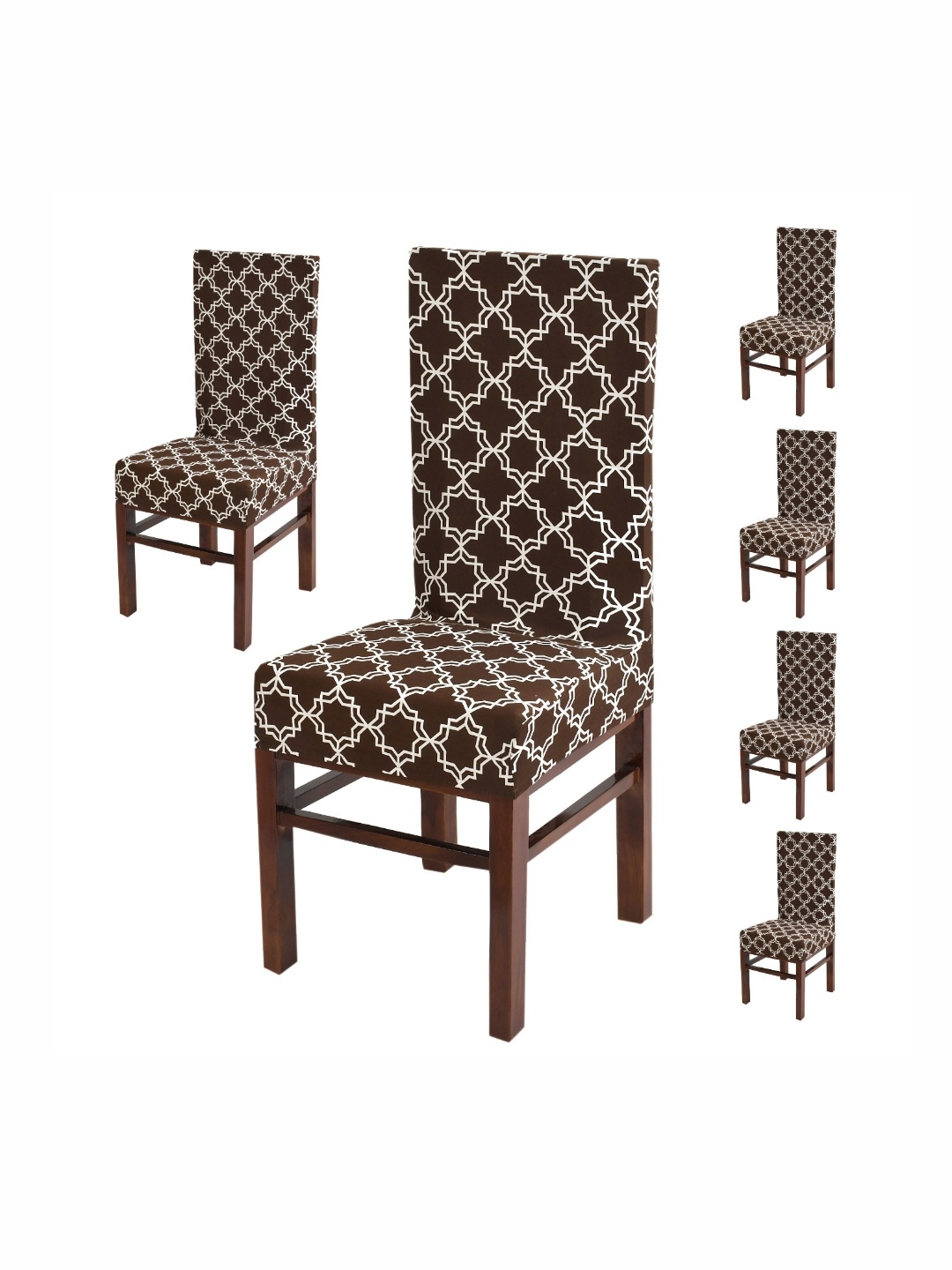 

Yellow Weaves Coffee Brown & White 6 Pieces Geometric Printed Stretchable Chair Cover