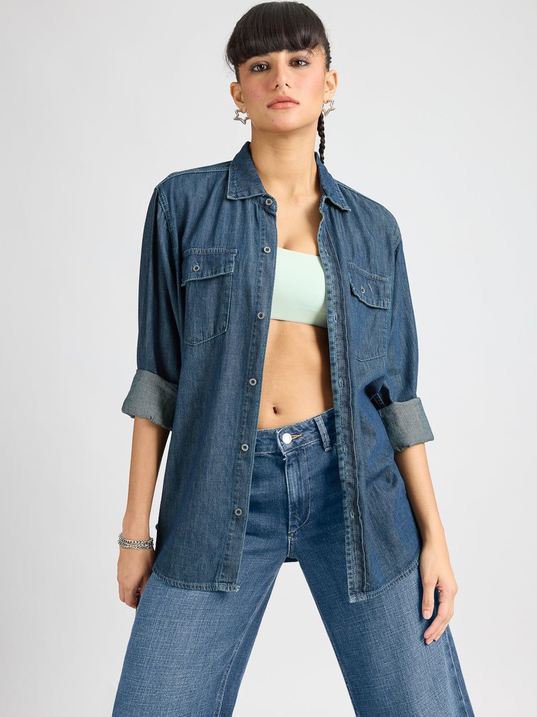 

FREAKINS Women Classic Spread Collar Solid Cotton Casual Shirt, Navy blue