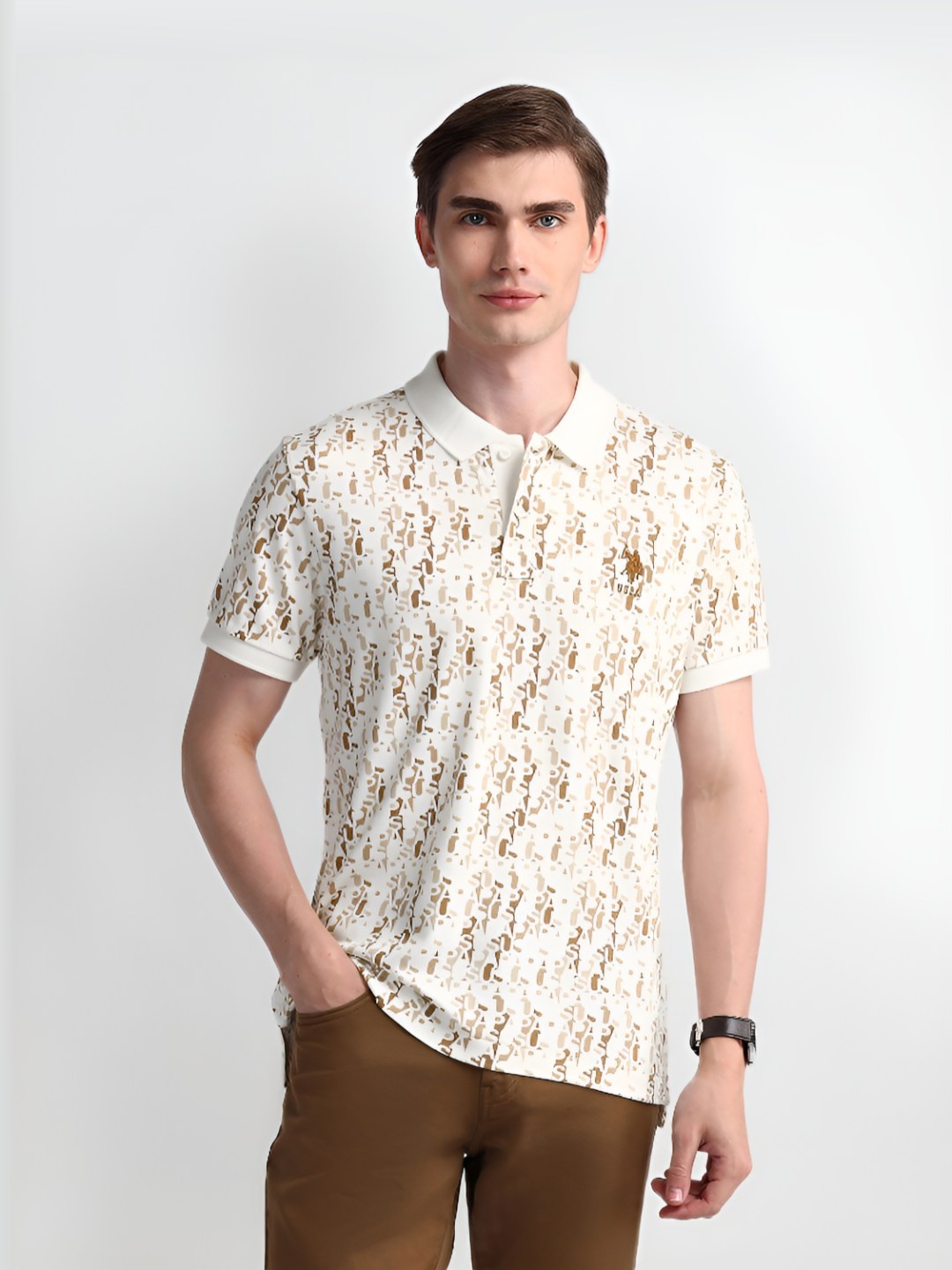 

U.S. Polo Assn. Men Typography Printed Polo Collar Cotton Slim Fit T-Shirt, Off white