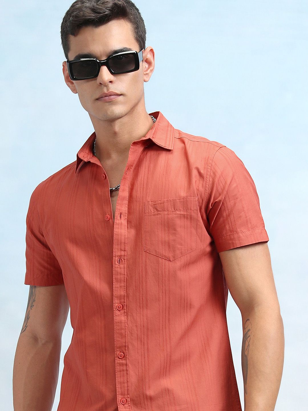 

Highlander Men Dobby Textured Solid Casual Shirt, Orange