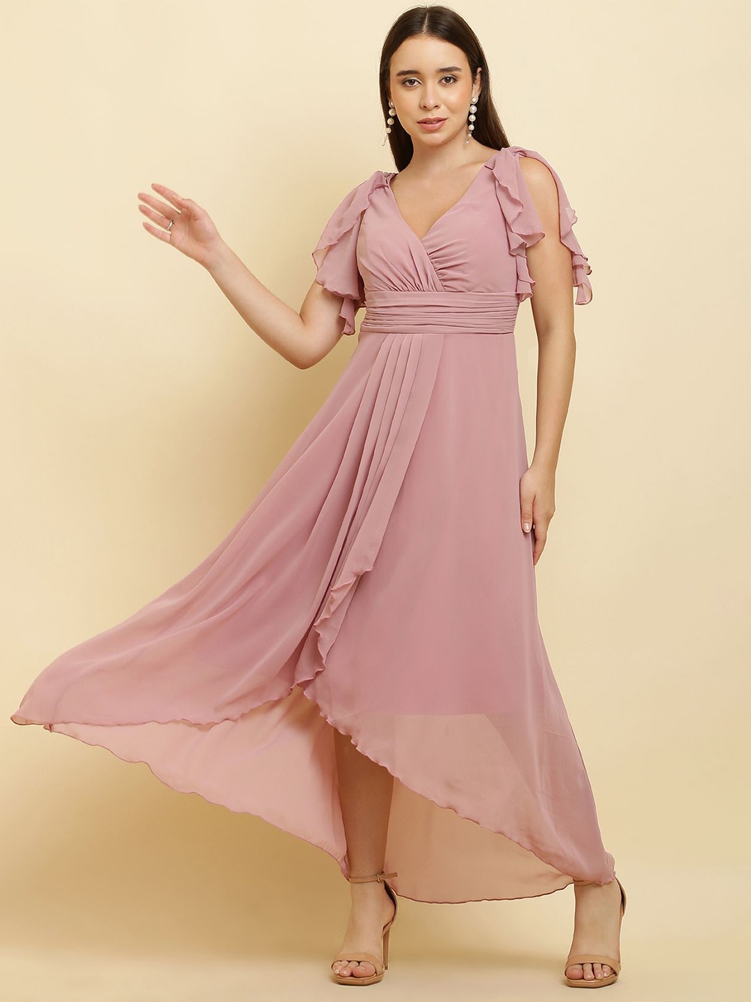 

C4D Flared Sleeve Ruffled Georgette Maxi Dress, Pink