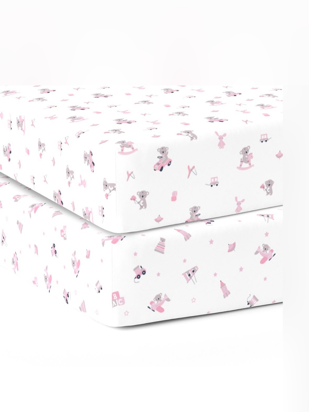 

The White Cradle Pink & White Printed Cotton 120 TC 2 Crib Fitted Bedsheets