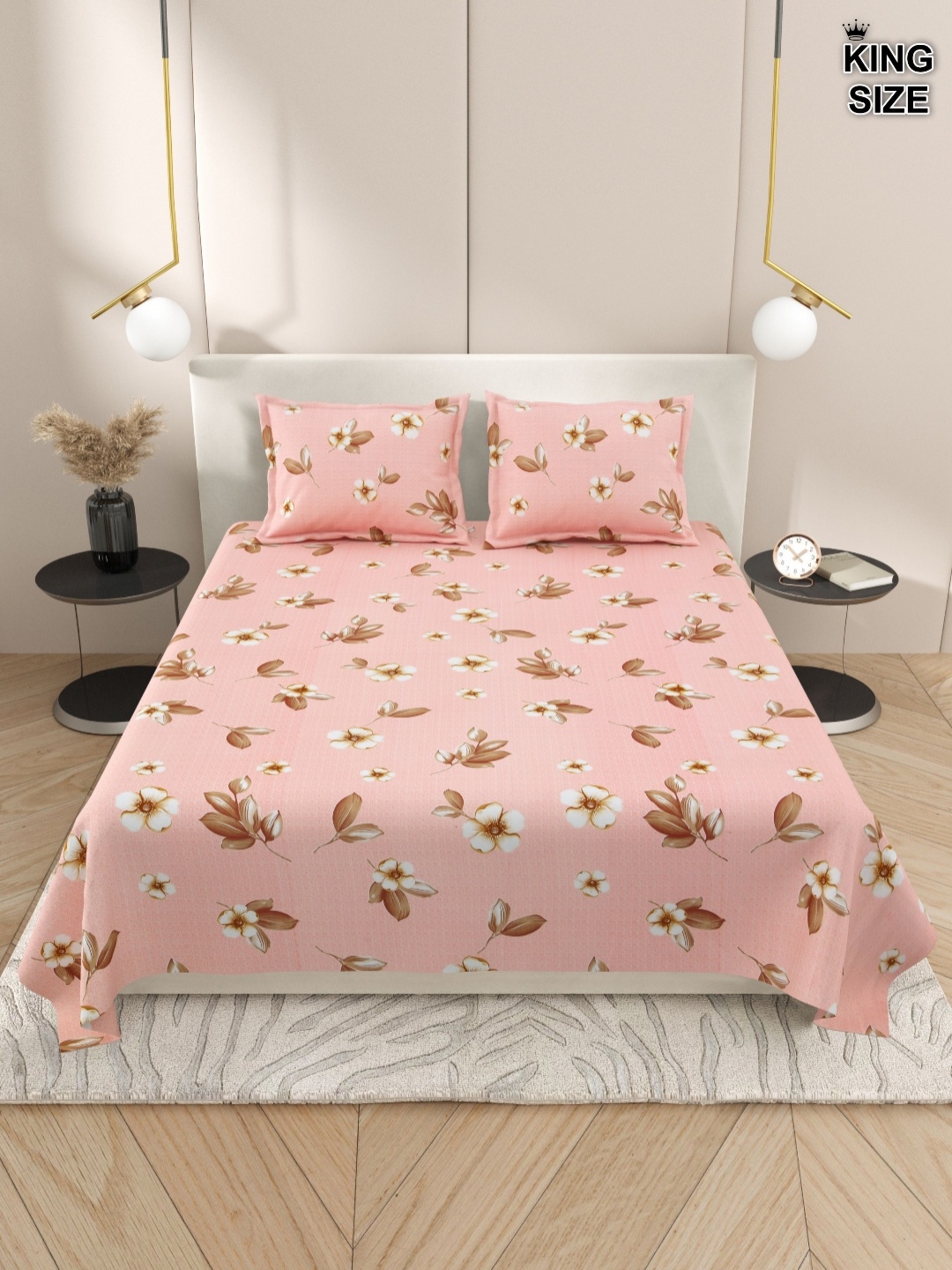 

DREAM WEAVERZ Pink & Brown Floral 220 TC King Bedsheet With 2 Pillow Covers