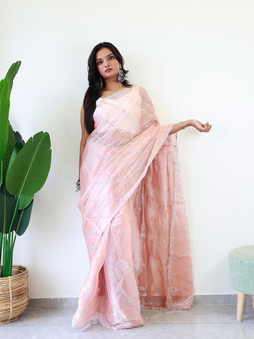 

Anouk Floral Embroidered Silk Blend Saree, Peach