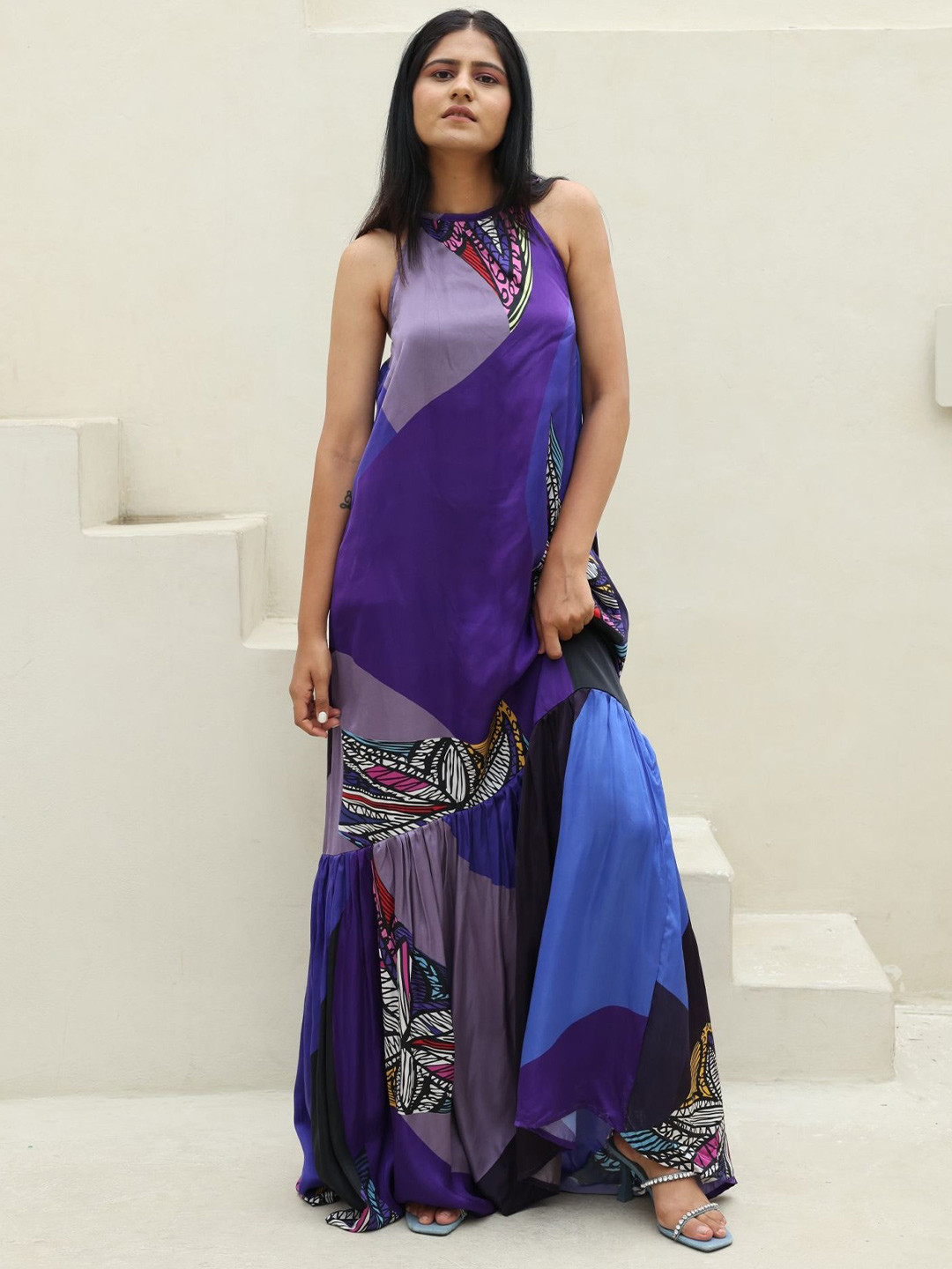 

RadhaRaman Printed Halter Neck Satin Maxi Dress, Purple
