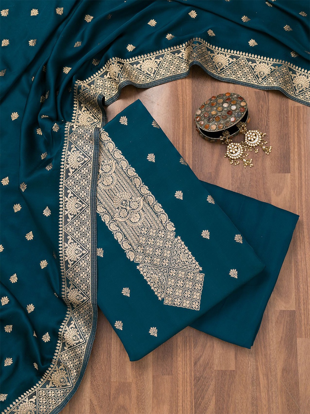 

Koskii Ethnic Motifs Embroidered Zari Unstitched Dress Material, Blue