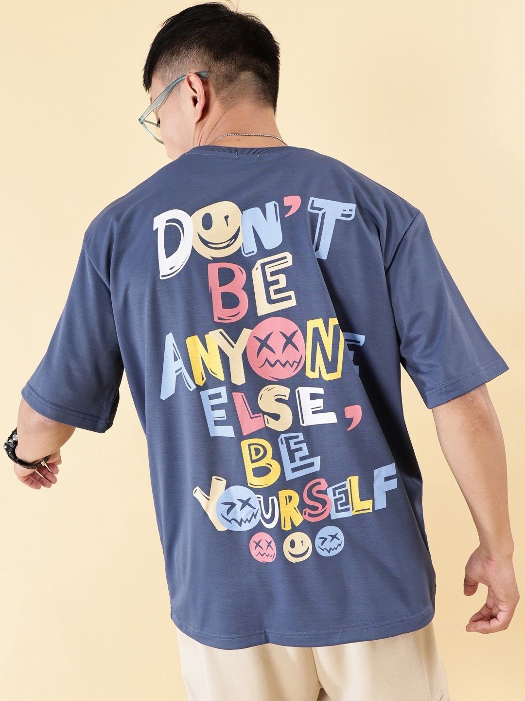 

Rodzen Men Typography Printed Round Neck Cotton Oversized T-Shirt, Blue
