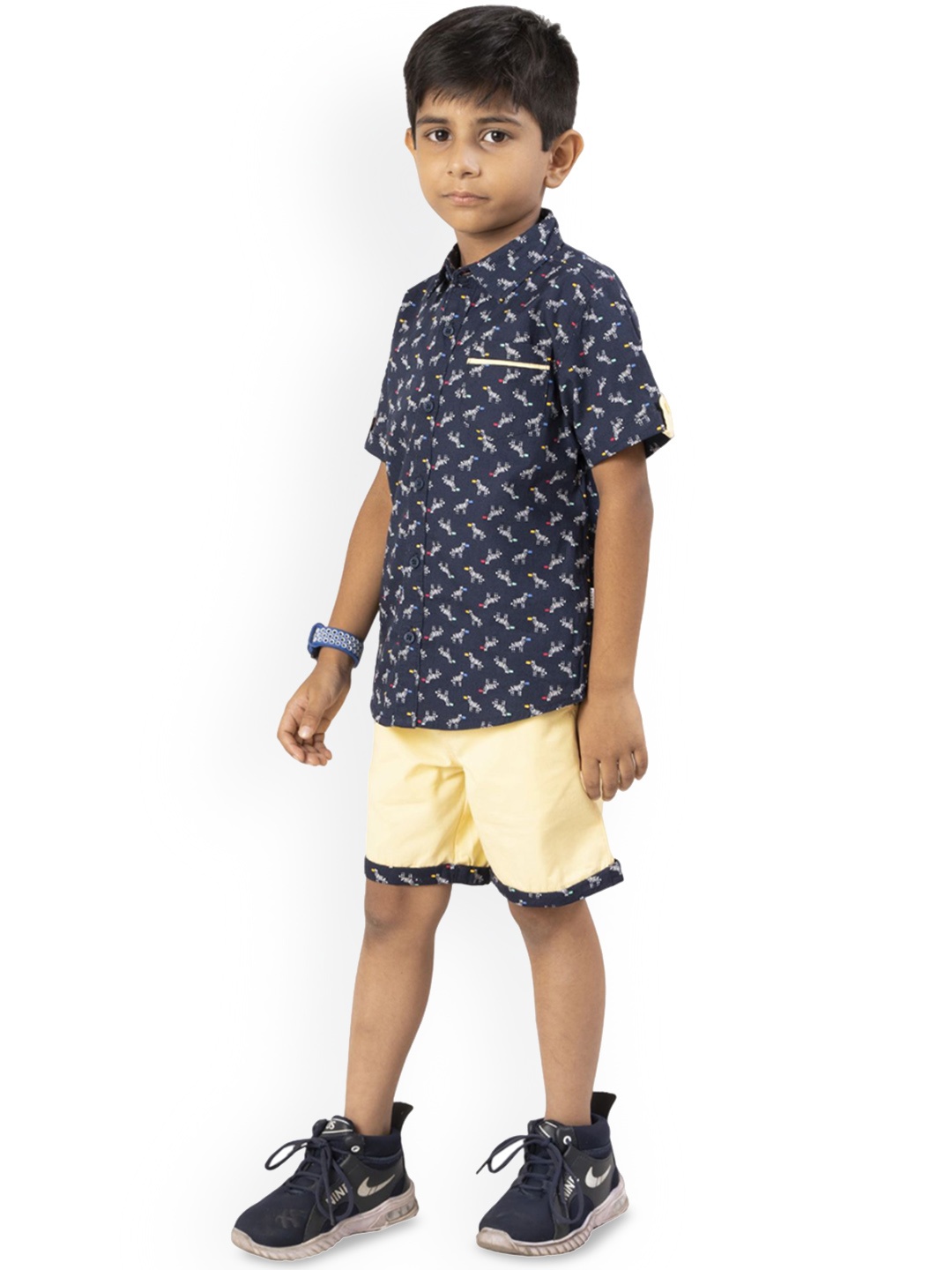 

YOUMAA Boys Printed Pure Cotton Shirt With Shorts, Navy blue