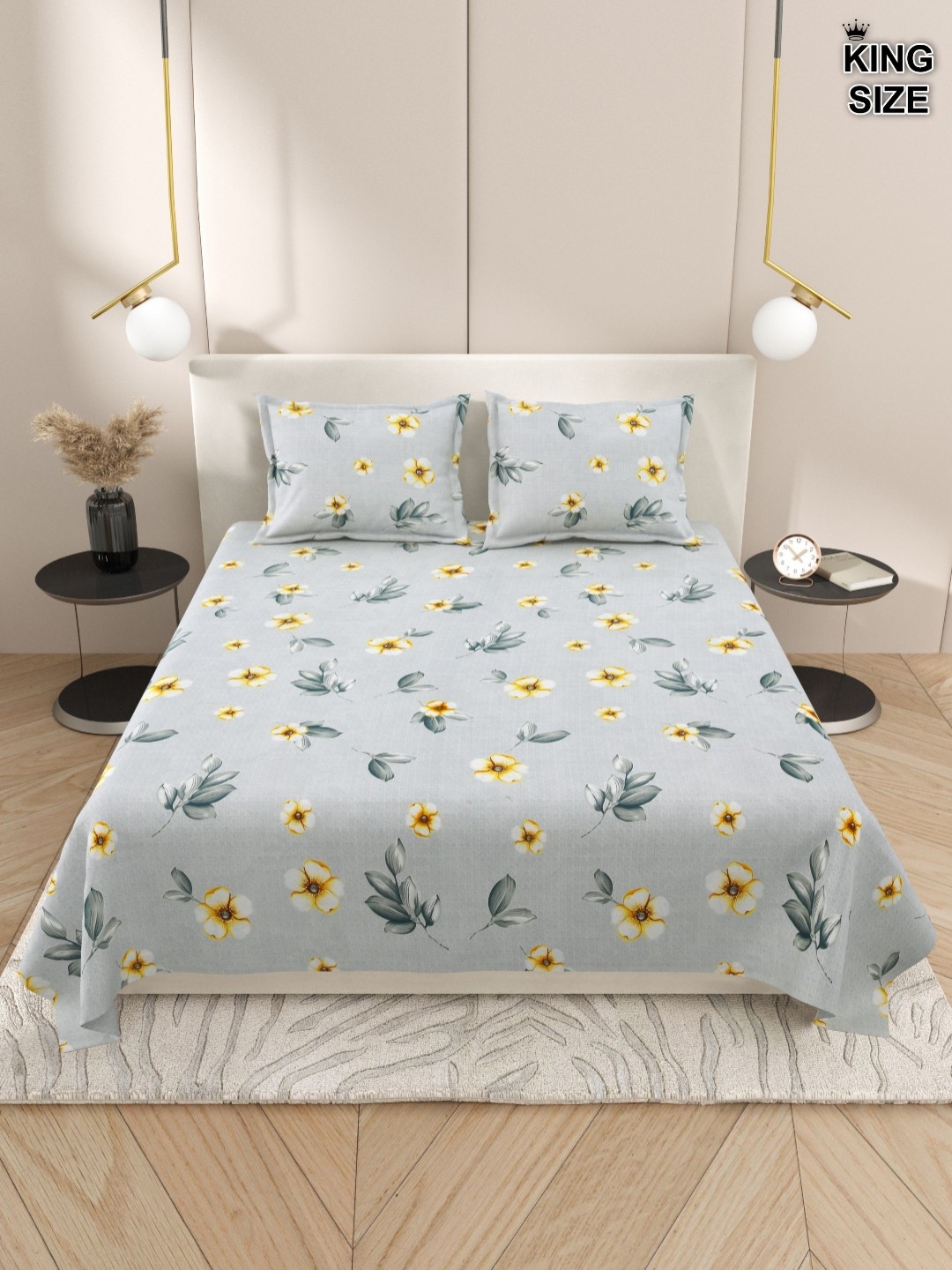 

DREAM WEAVERZ Grey & White Floral 220 TC Cotton King Bedsheet With 2 Pillow Covers