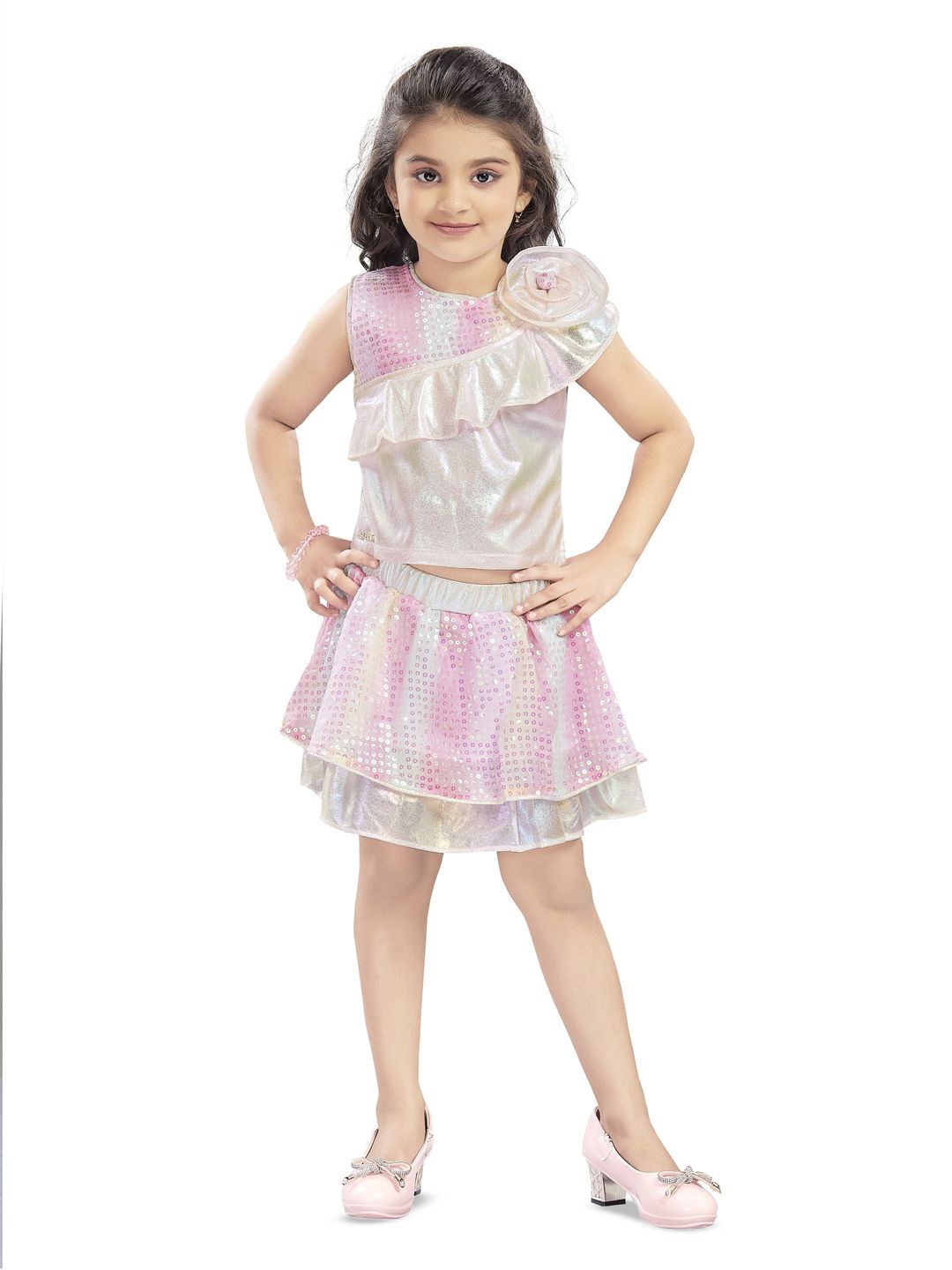 

Lei-Chie Girls Embellished Sleeveless Top With Skirt, Pink