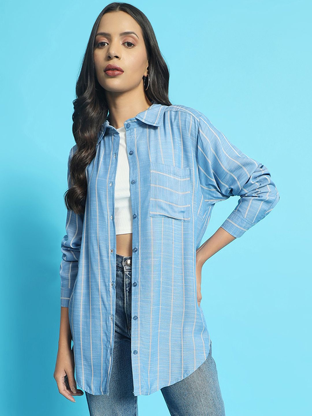 

CHIMPAAANZEE Women Spread Collar Vertical Striped Oversized Casual Shirt, Blue