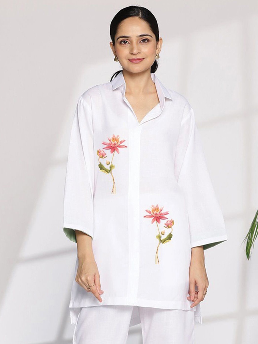 

LetsDressUp Women Floral Printed Shirt Collar Pure Cotton Top, White