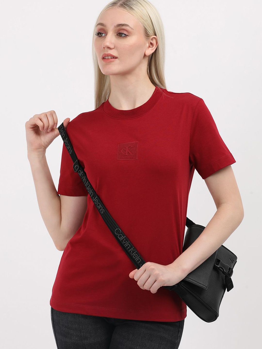 

Calvin Klein Jeans Women Brand Logo Printed Round Neck Cotton T-Shirt, Red