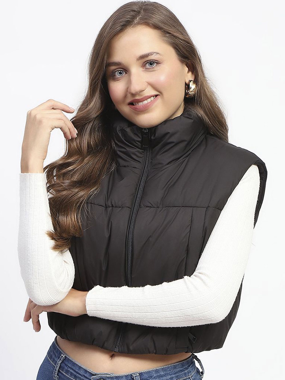 

Madame Women Solid Crop Puffer Jacket, Black