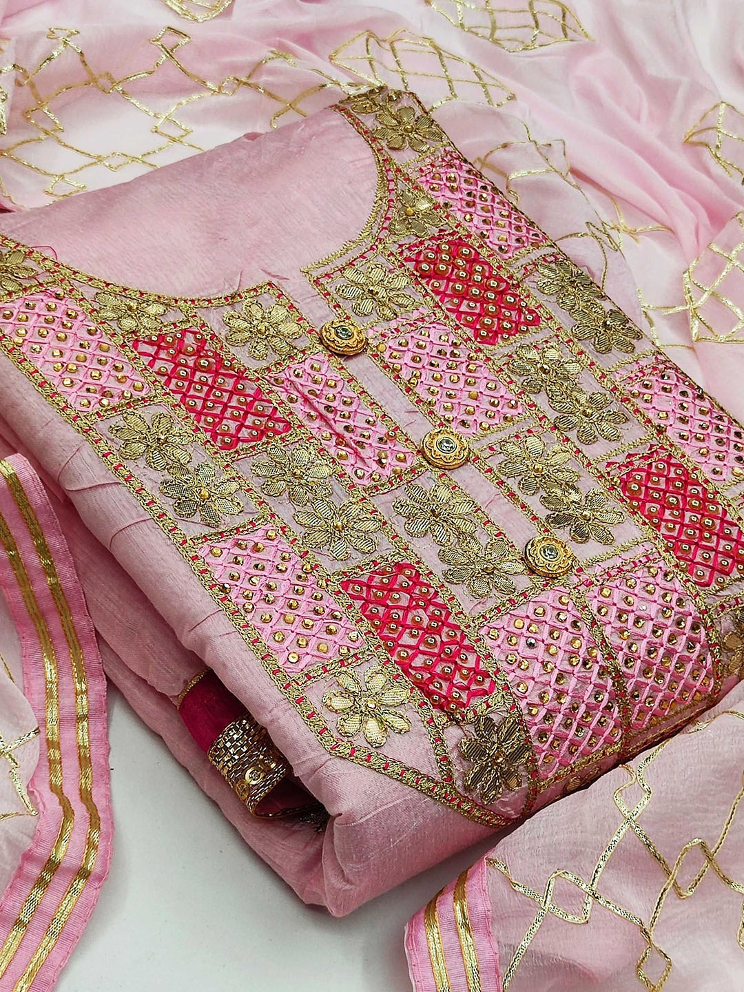

Ishin Floral Embroidered Beads & Stones Unstitched Dress Material, Pink