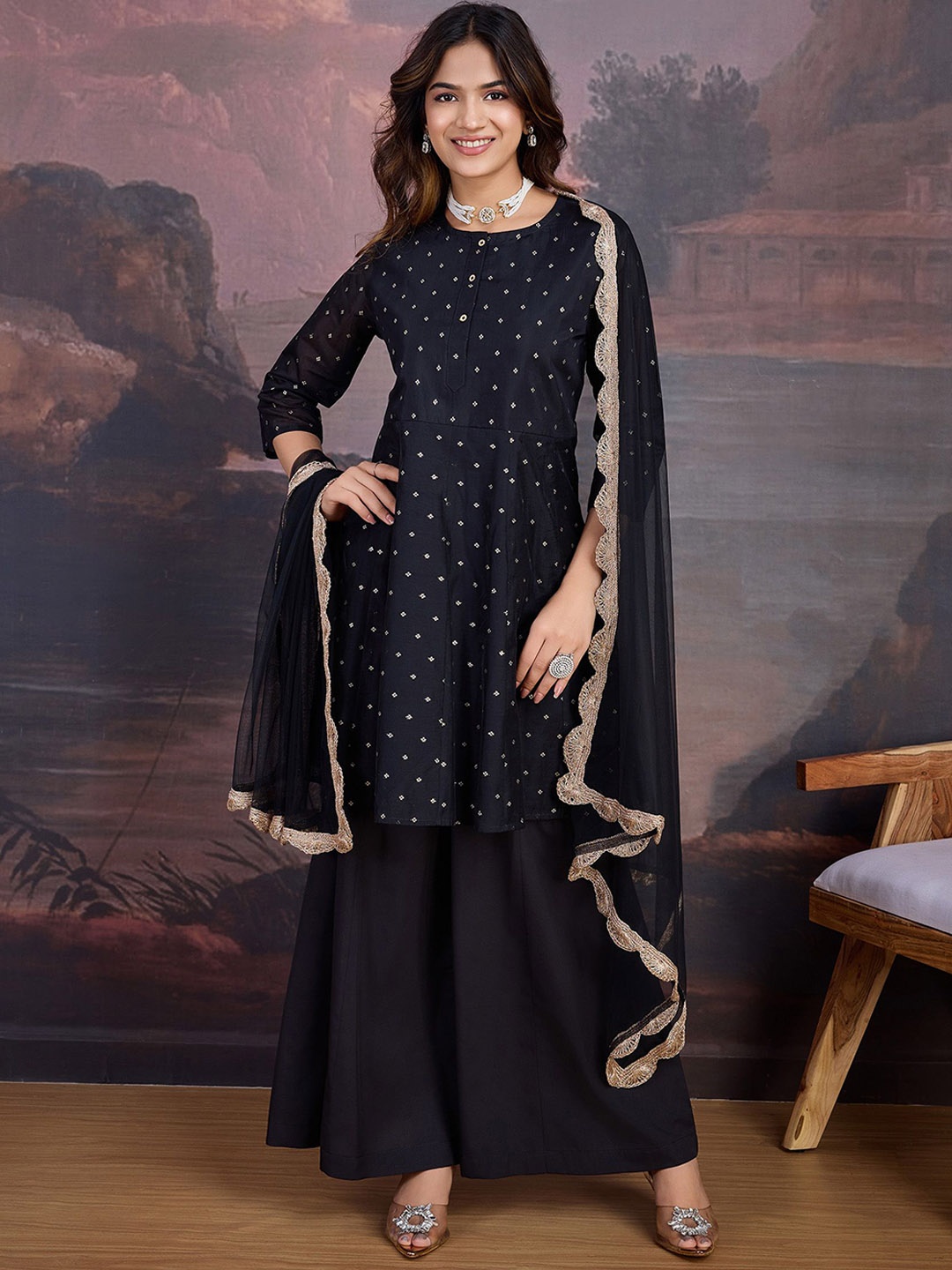 

House of Pataudi Floral Woven Design Chanderi Cotton A-Line Kurta & Trousers With Dupatta, Black