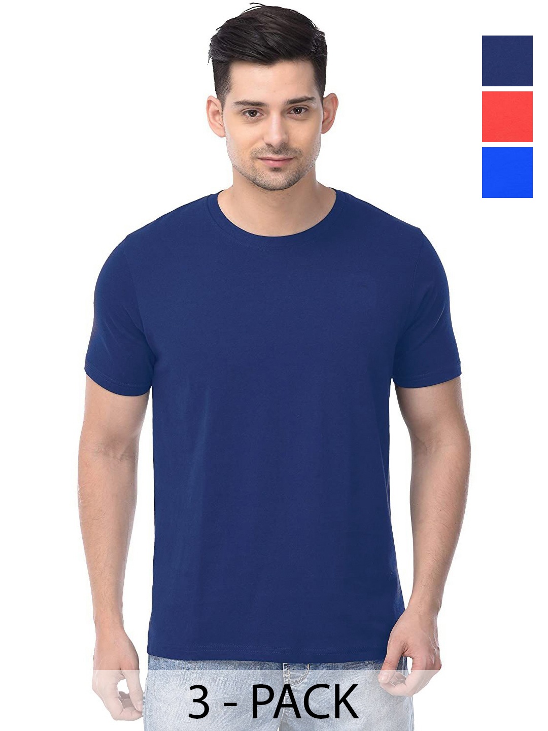 

COLOR CAPITAL Unisex Pack Of 3 Solid Pure Cotton T-shirts, Navy blue