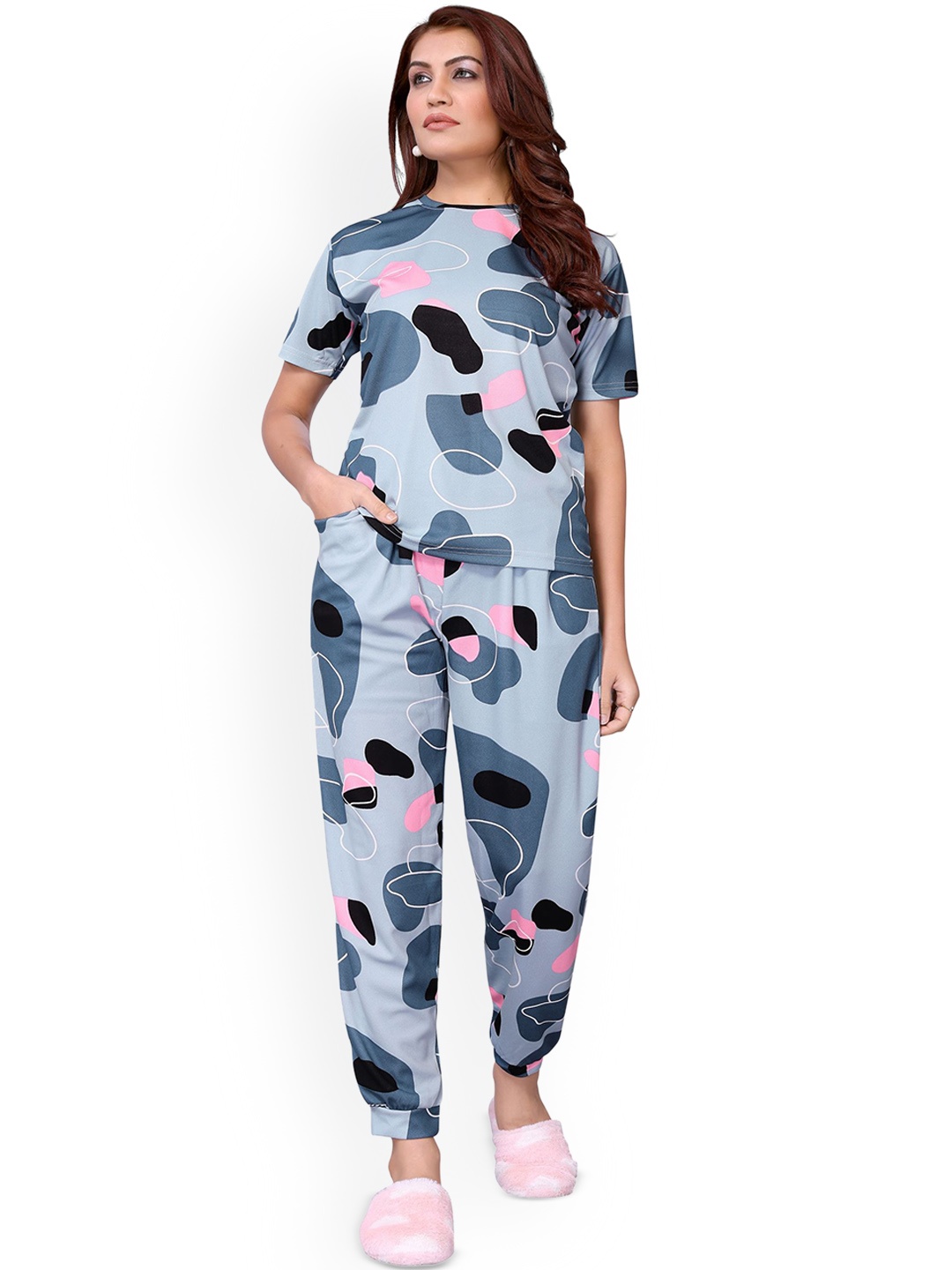 

vj fashion Graphic Printed Round Neck Night suit, Grey