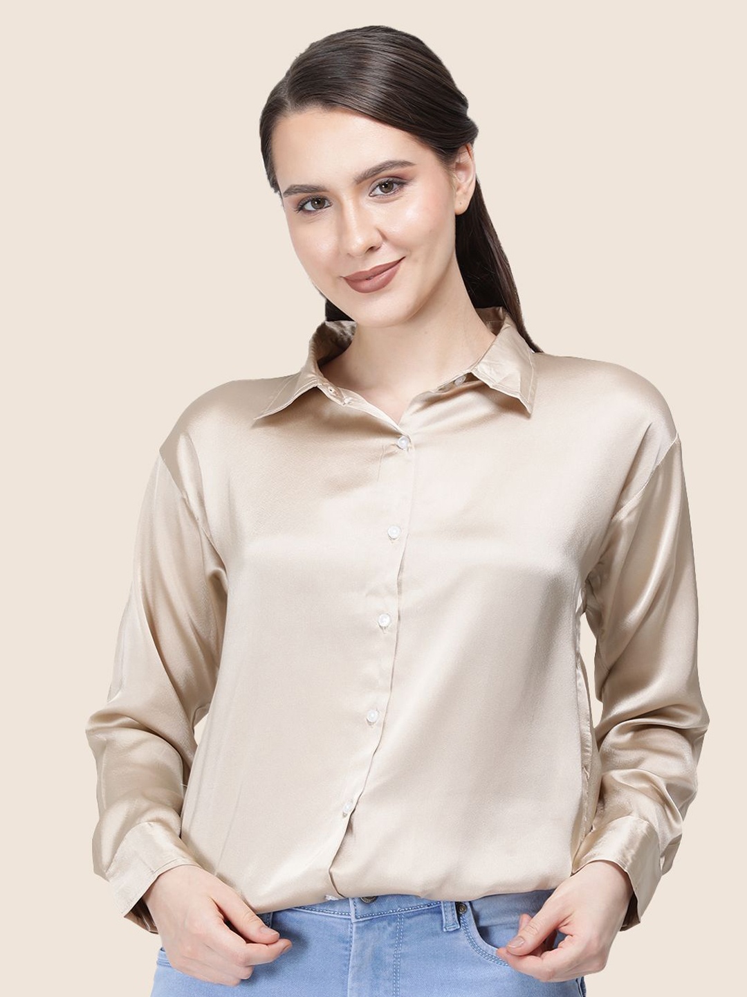 

AMSWAN Women Premium Spread Collar Solid Relaxed Fit Casual Shirt, Beige