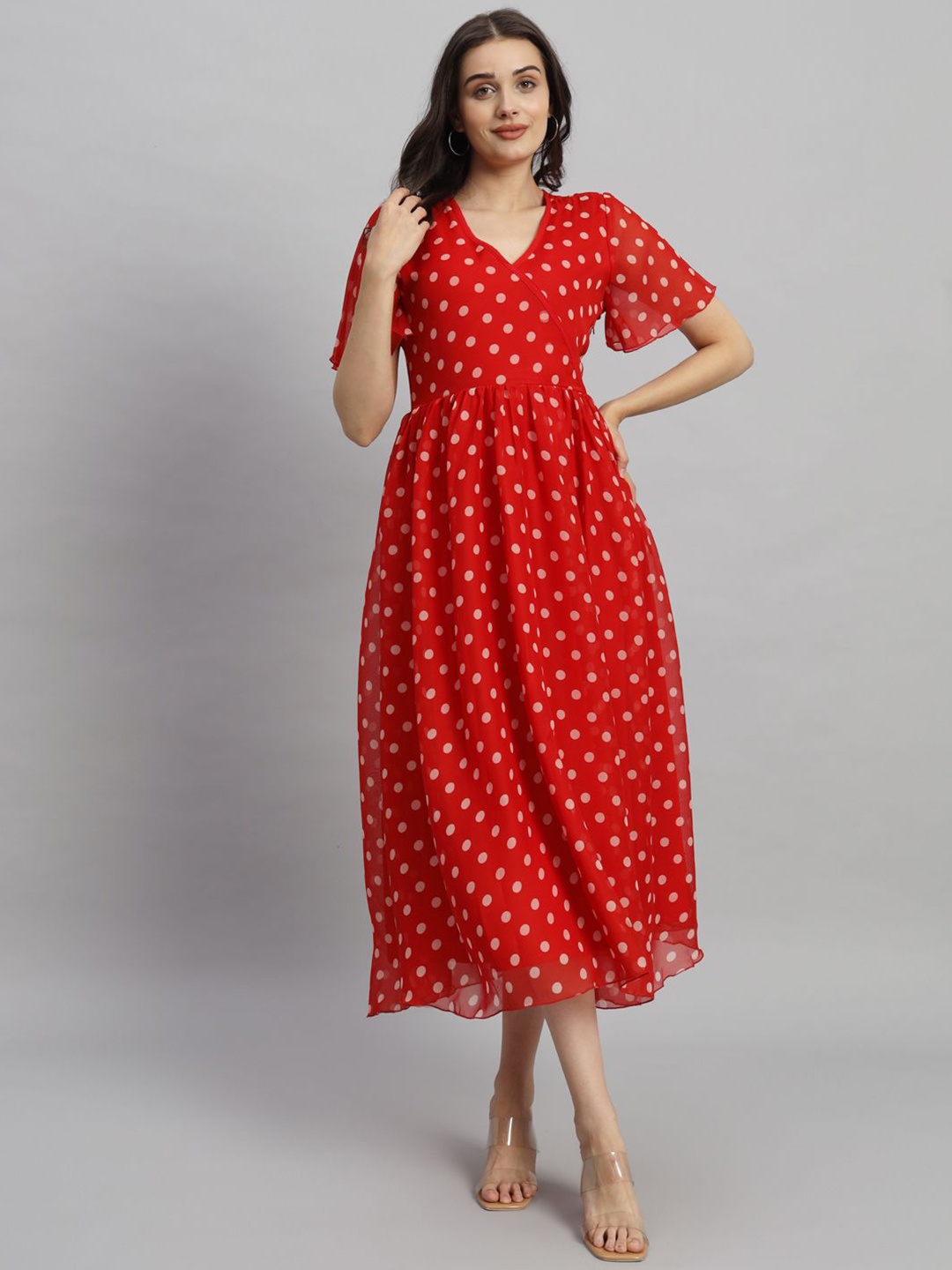 

Curvydrobe Polka Dot Printed Flared Sleeve Georgette Fit and Flare Mid Dress, Red