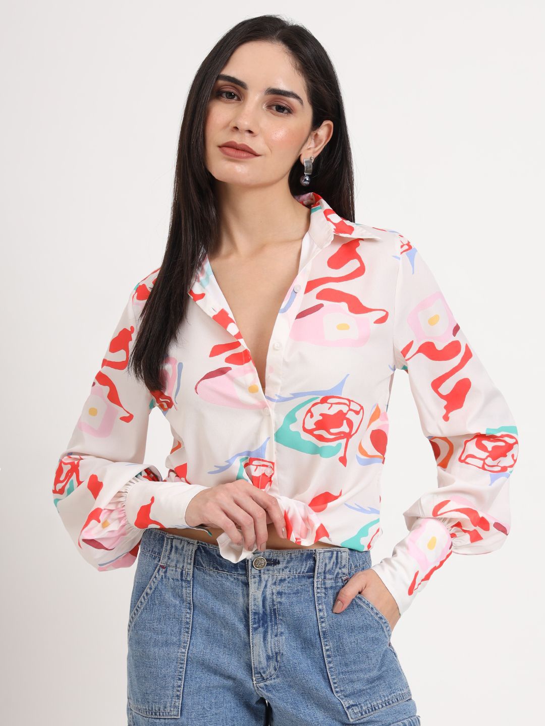 

AMSWAN Women Premium Spread Collar Abstract Printed Relaxed Fit Casual Shirt, White