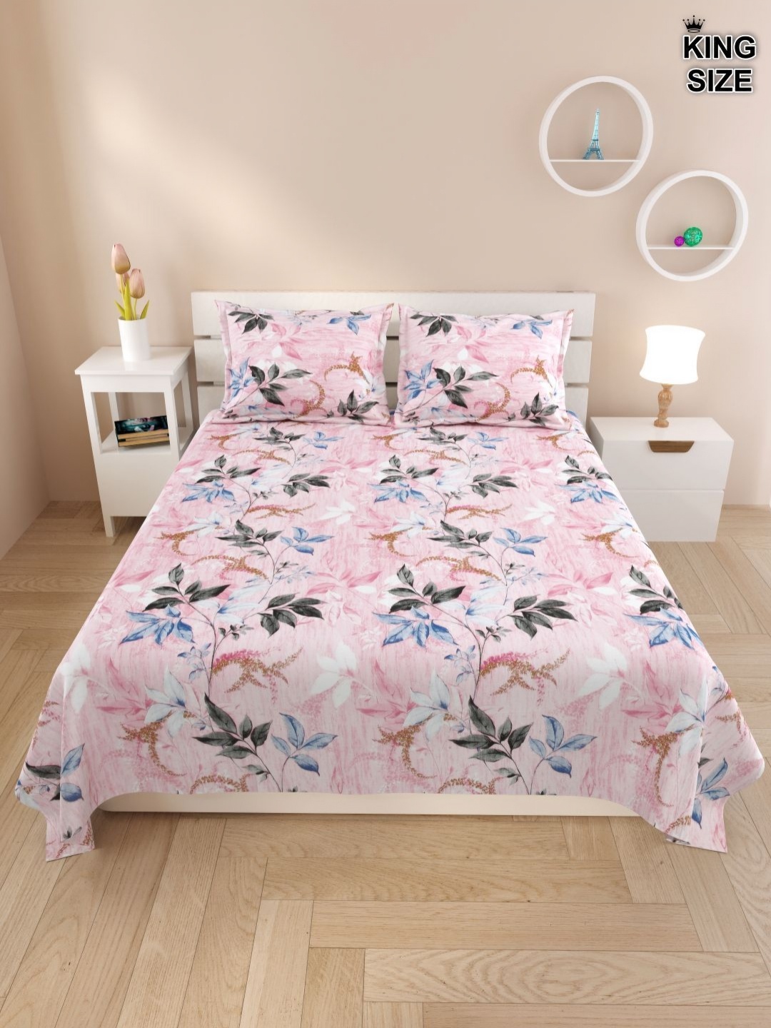 

DREAM WEAVERZ Pink & White Floral 220 TC Cotton King Bedsheet With 2 Pillow Covers