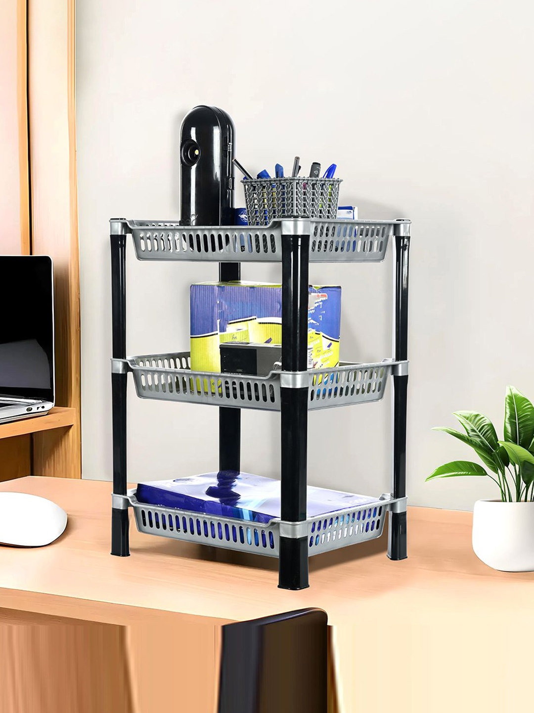 

Kuber Industries Silver Toned & Black Self Design 3 Tier Racks For Storage