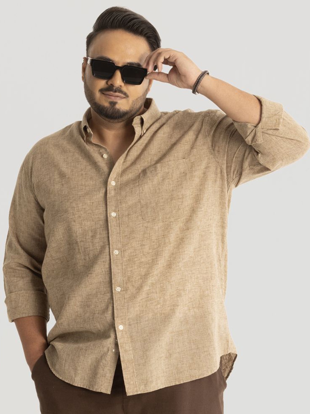 

Snitch Men Plus Size Classic Button-Down Collar Textured Solid Linen Casual Shirt, Brown