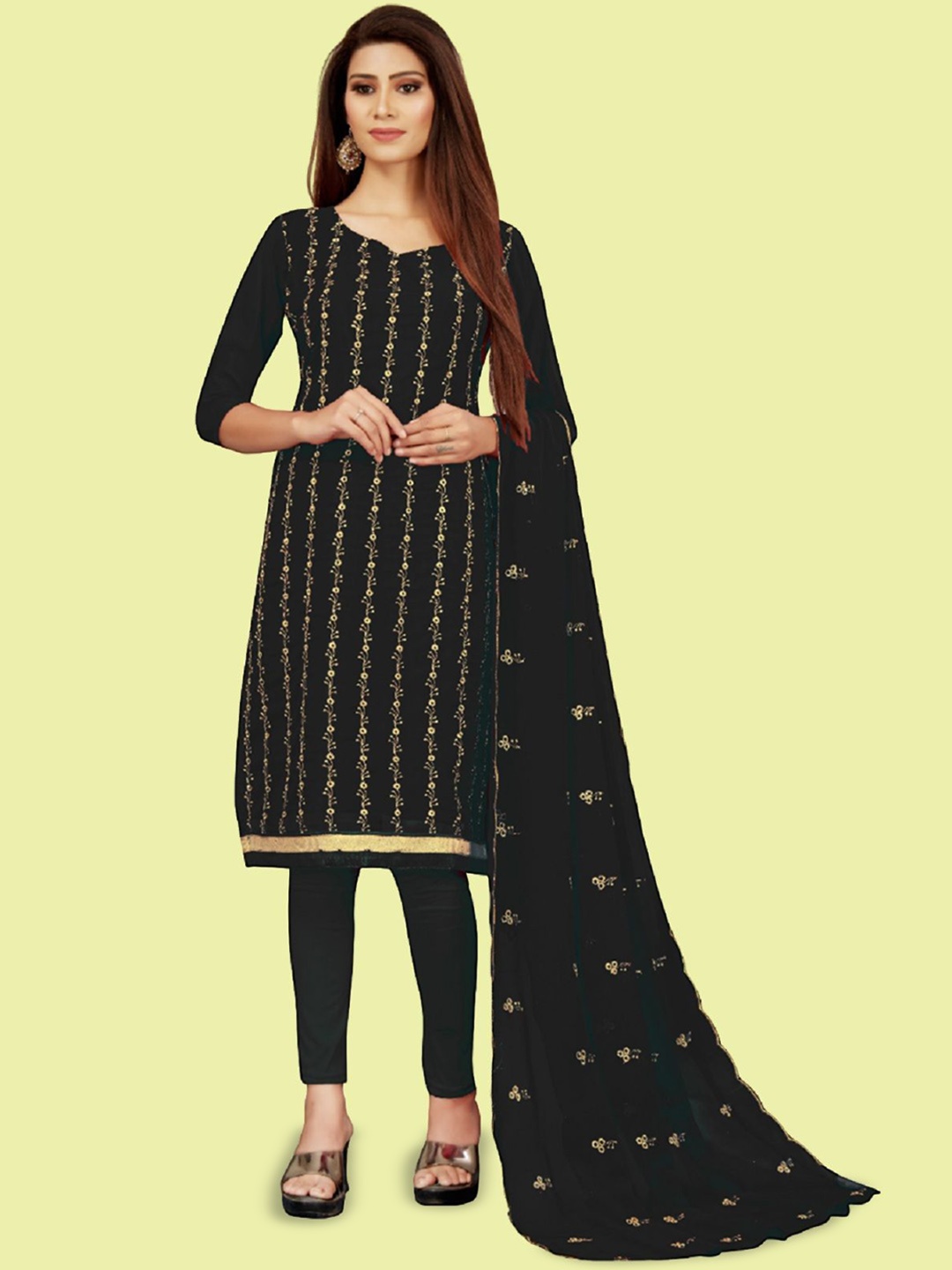 

APNISHA Floral Embroidered Silk Georgette Unstitched Dress Material, Black