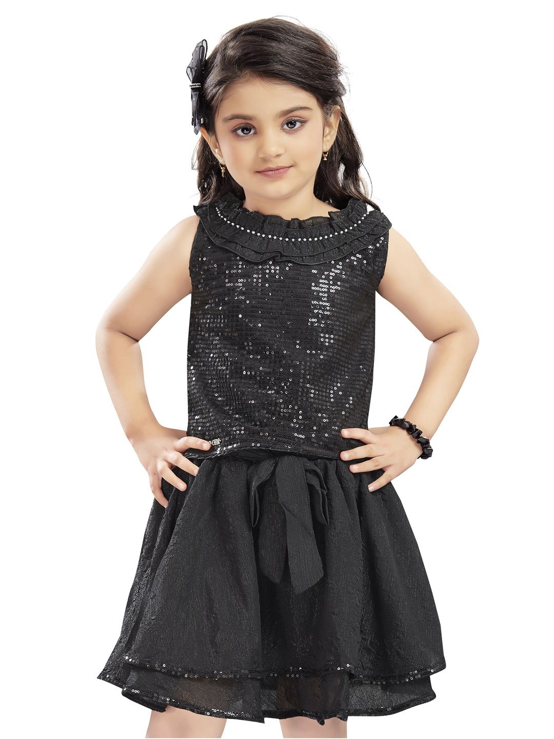 

Lei-Chie Girls Embellished Top with Skirt, Black