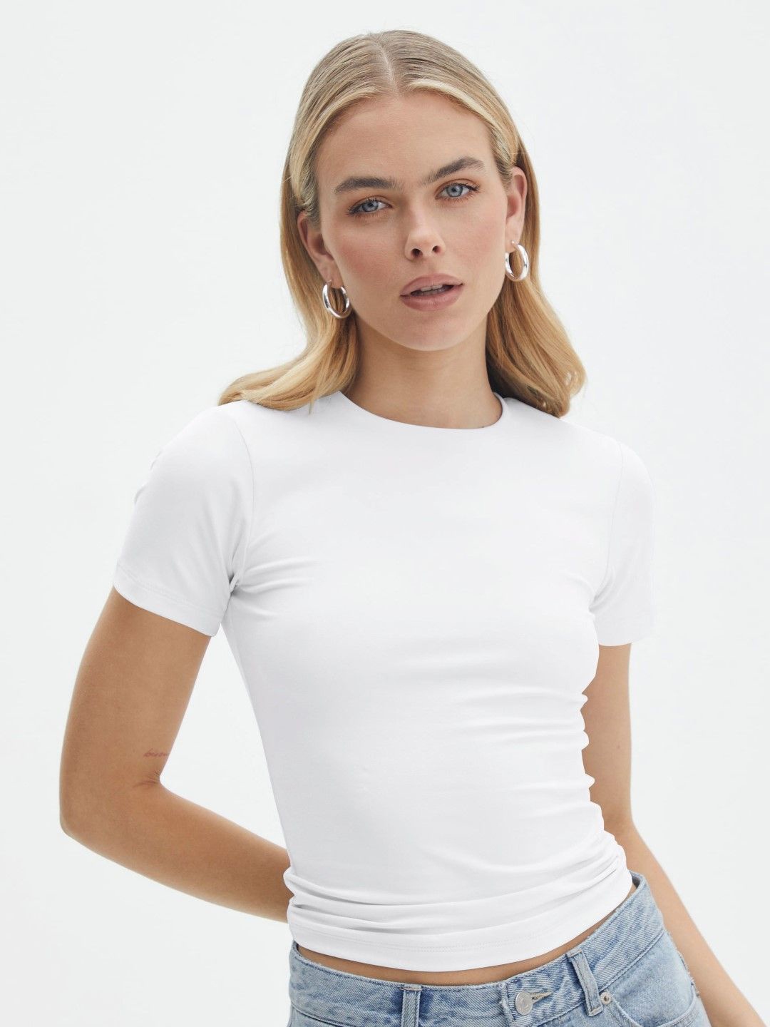 

StyleCast Women Solid Round Neck Nylon Top, White