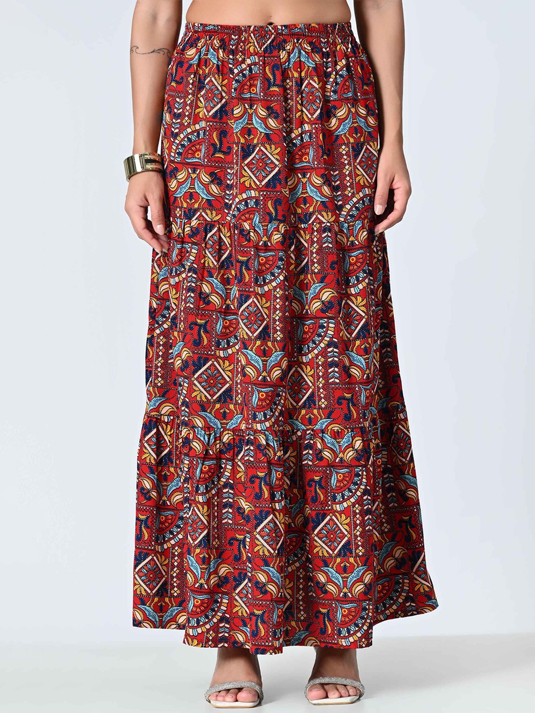 

ALL WAYS YOU Ethnic Printed Tiered Maxi Skirt, Red