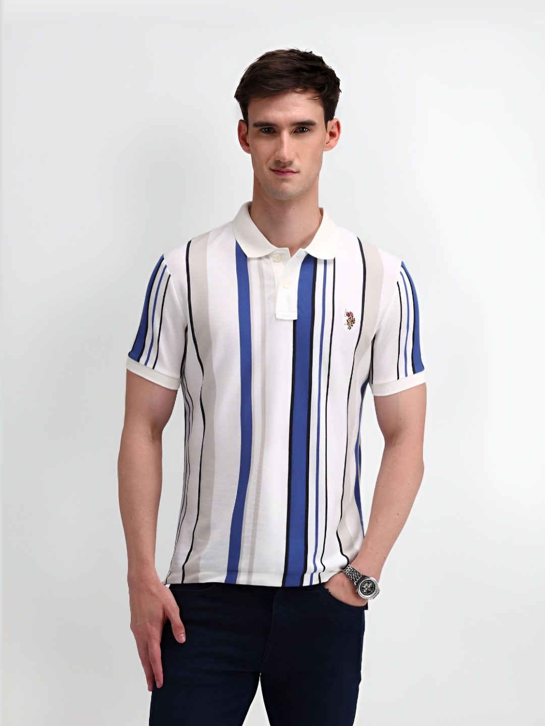 

U.S. Polo Assn. Men Striped Polo Collar Cotton Slim Fit T-Shirt, White