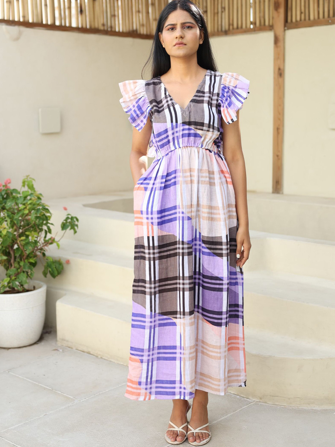 

RadhaRaman Checked Flared Sleeve Linen Maxi Dress, Purple