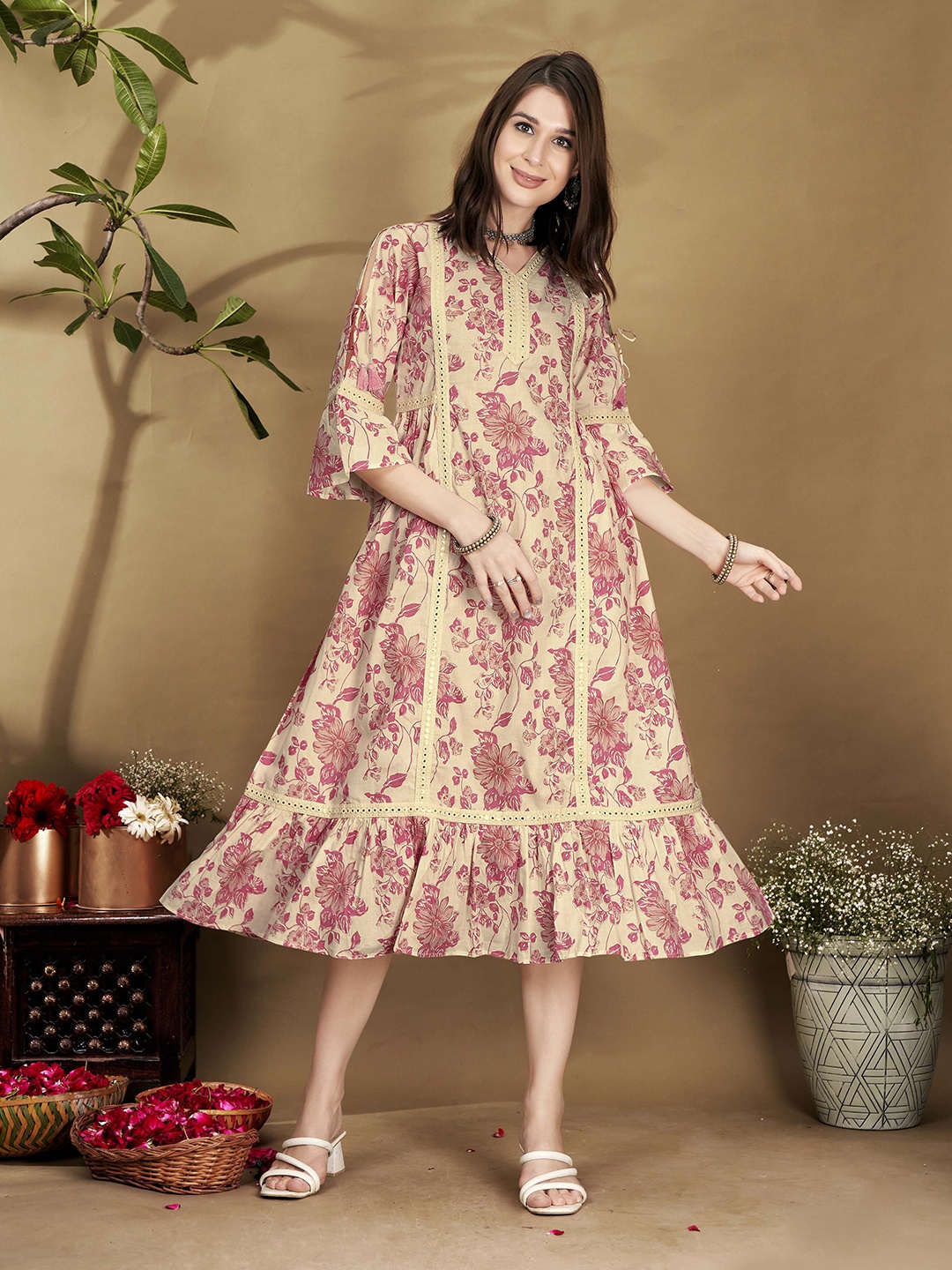 

Anouk Floral Printed Midi A Line dress, Beige