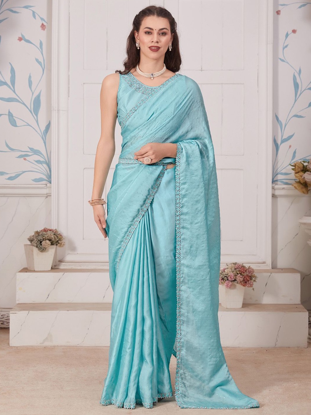 

Anouk Embellished Beads and Stones Saree, Turquoise blue