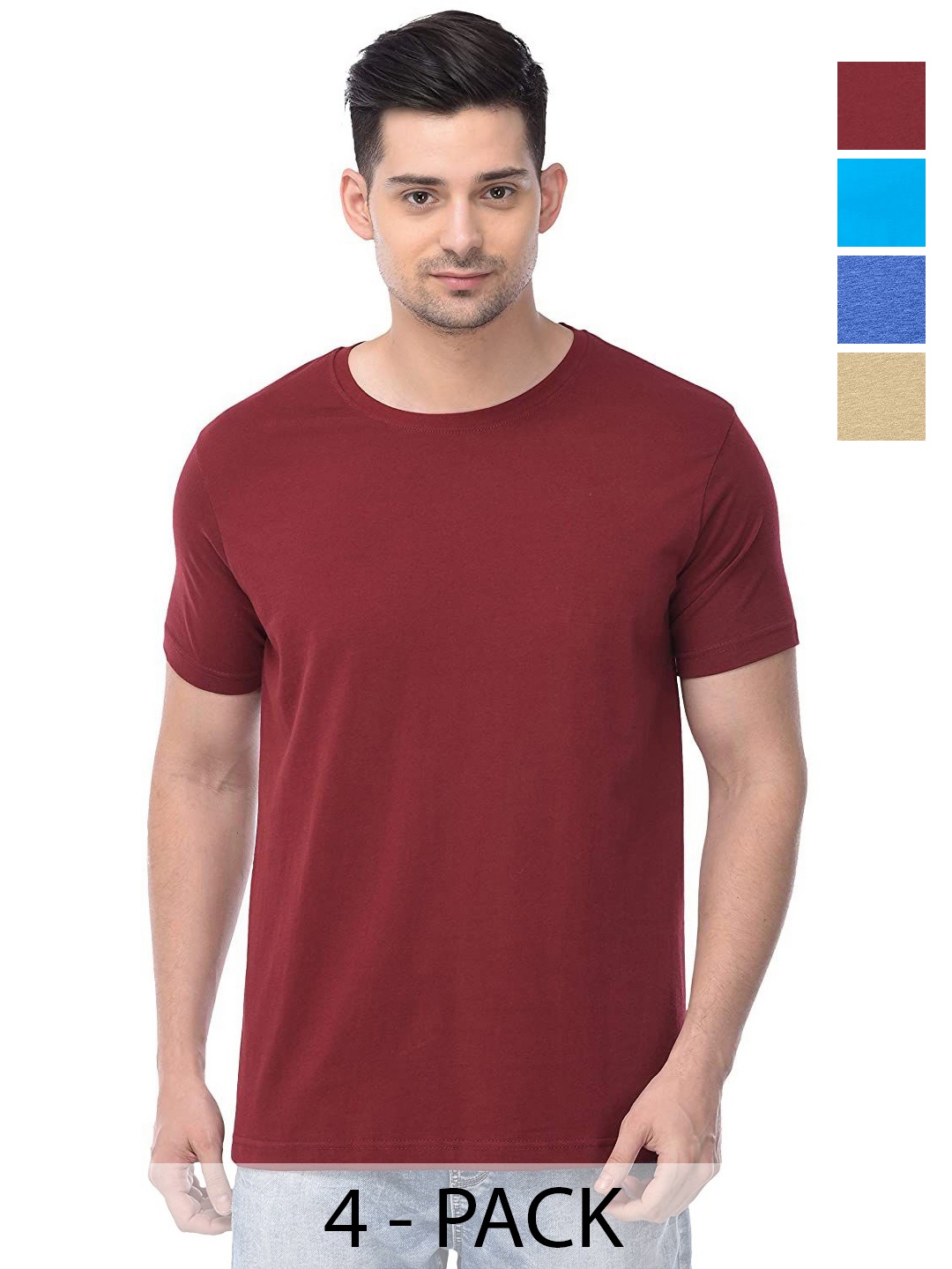 

COLOR CAPITAL Unisex Pack Of 4 Solid Pure Cotton T-shirts, Maroon
