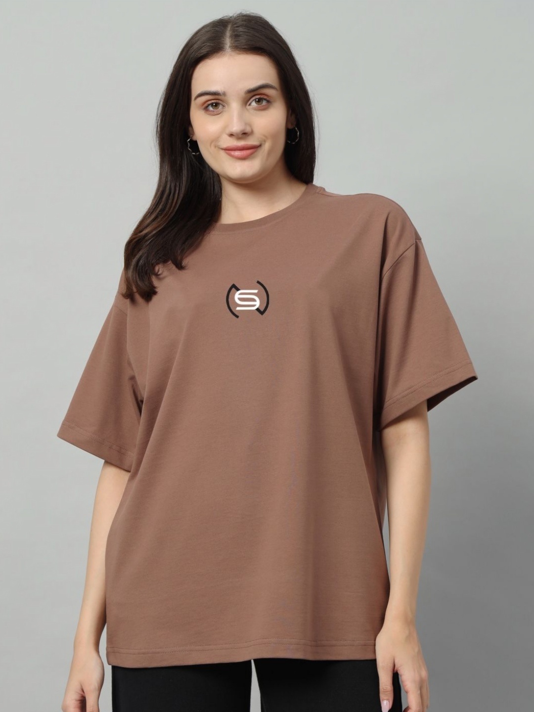 

SWAGNOX Women Graphic Printed Round Neck Cotton Oversized T-shirt, Brown