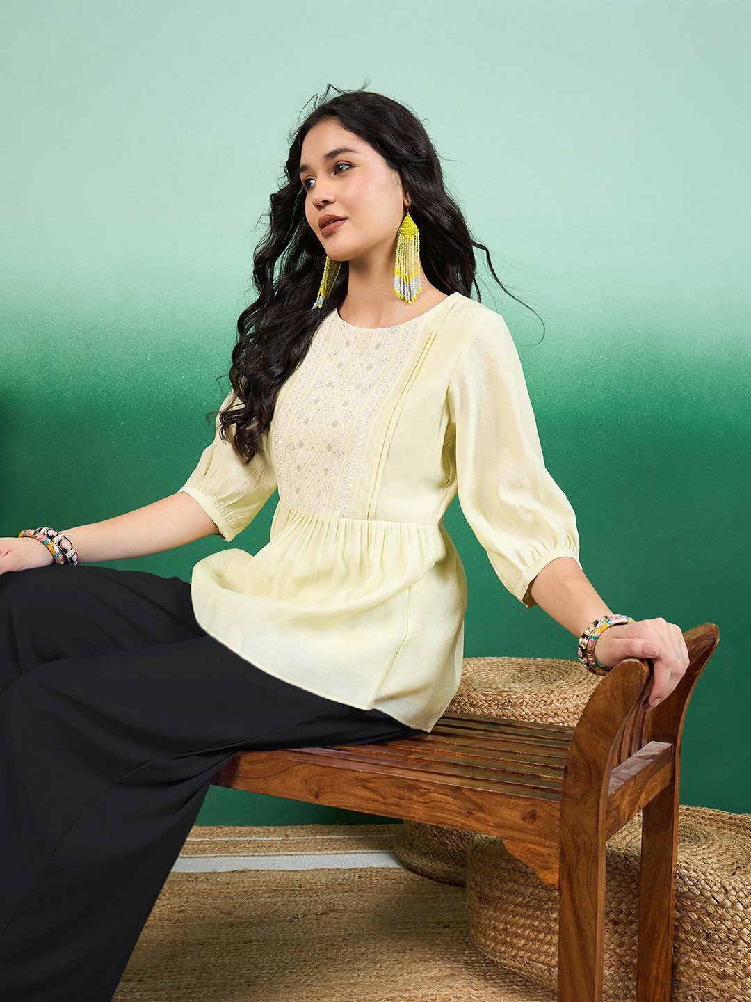 

Sangria Embroidered Peplum Top, Yellow