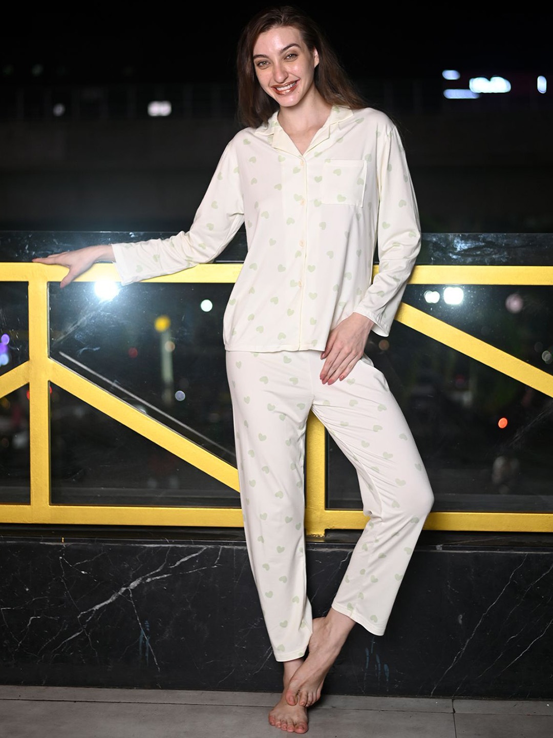 

ODETTE Women Printed Shirt Collar Night suit, Off white