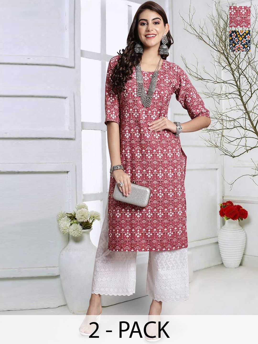 

7Threads Pack Of 2 Ethnic Motifs Printed Straight Kurta, Pink