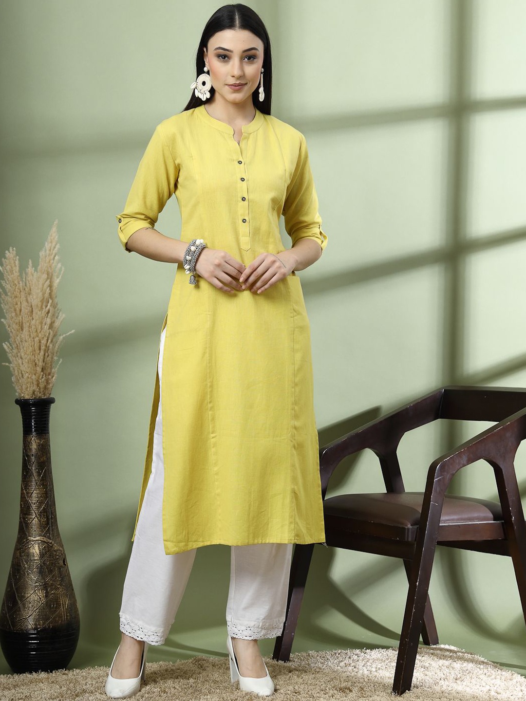 

Pistaa Mandarin Collar Cotton Straight Kurta, Yellow