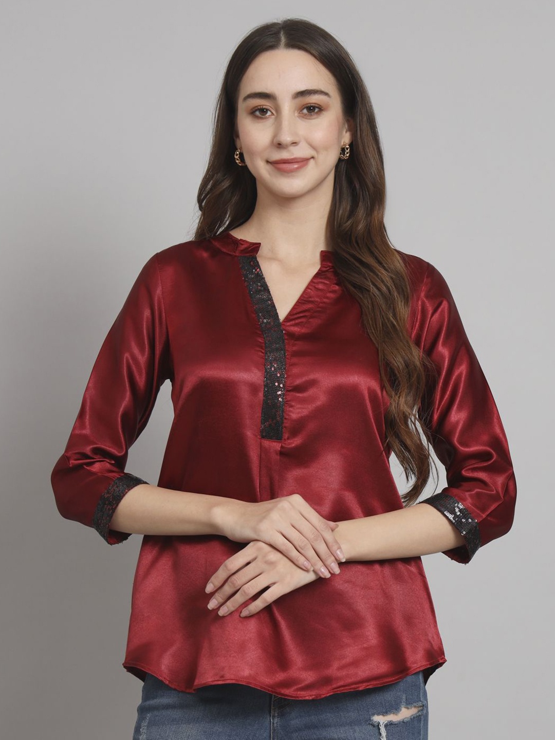 

Curvydrobe Mandarin Collar Top, Maroon