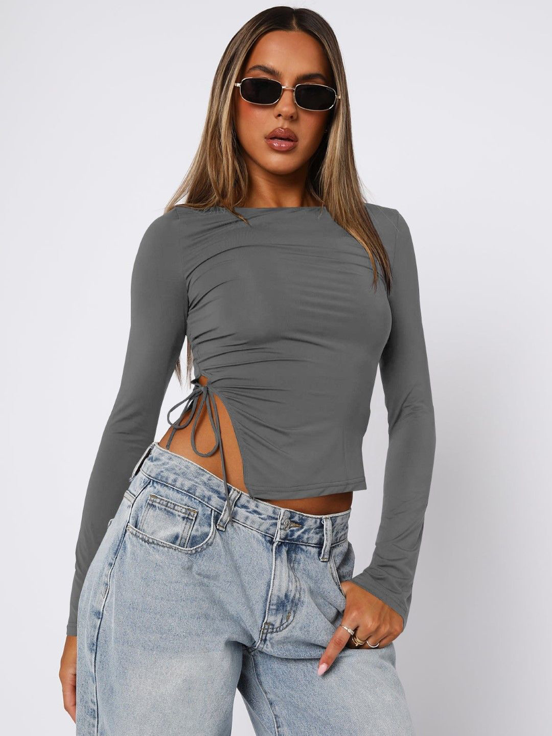 

StyleCast Women Solid Boat Neck Nylon Top, Grey